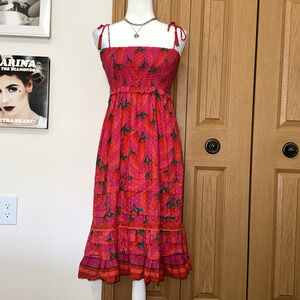 FARM Rio Midi Dress Womens XS Pink Red Pepper Smocked Ruffle Hem Beaded Strap